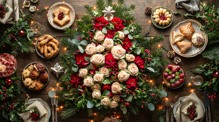 A beautifully arranged Christmas table features a vibrant floral centerpiece made of roses and greenery, surrounded by assorted desserts and delicacies, inviting holiday cheer