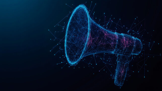 Digital communication and announcement symbolized by plexus lines and dots forming a megaphone shape