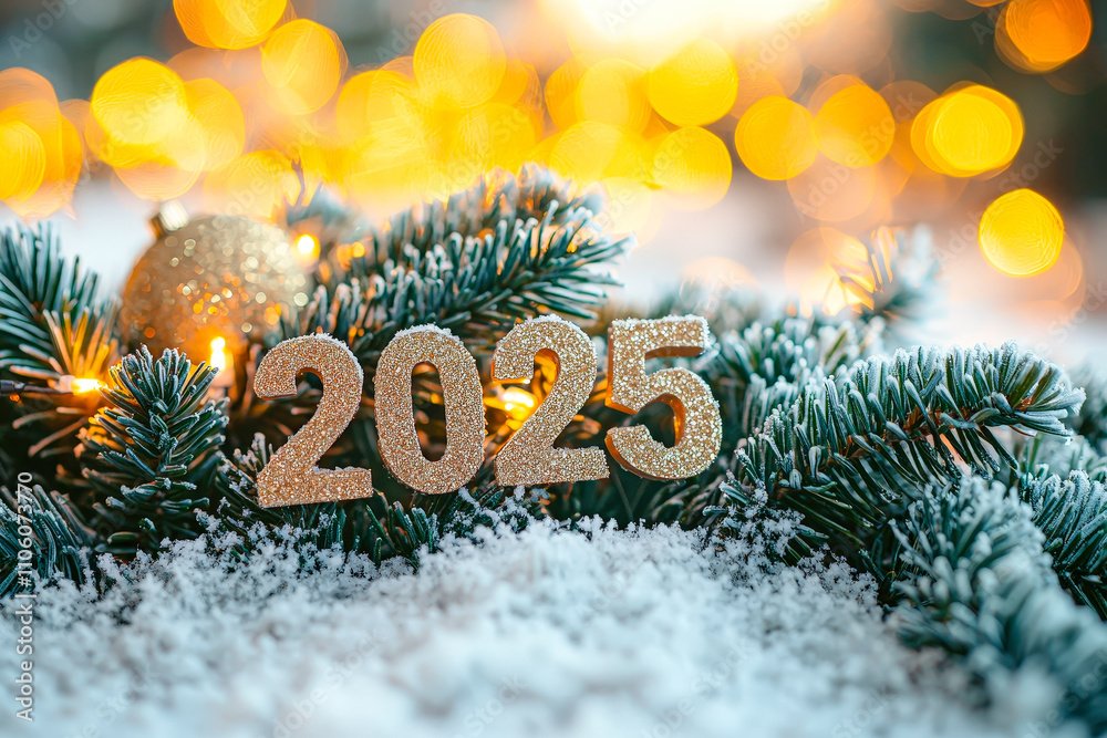 Poster the year 2025 is displayed in sparkling numbers, surrounded by snowy pine branches and warm, glowing