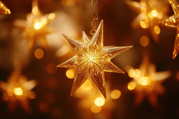 Gold star hanging from string, against blue sky.