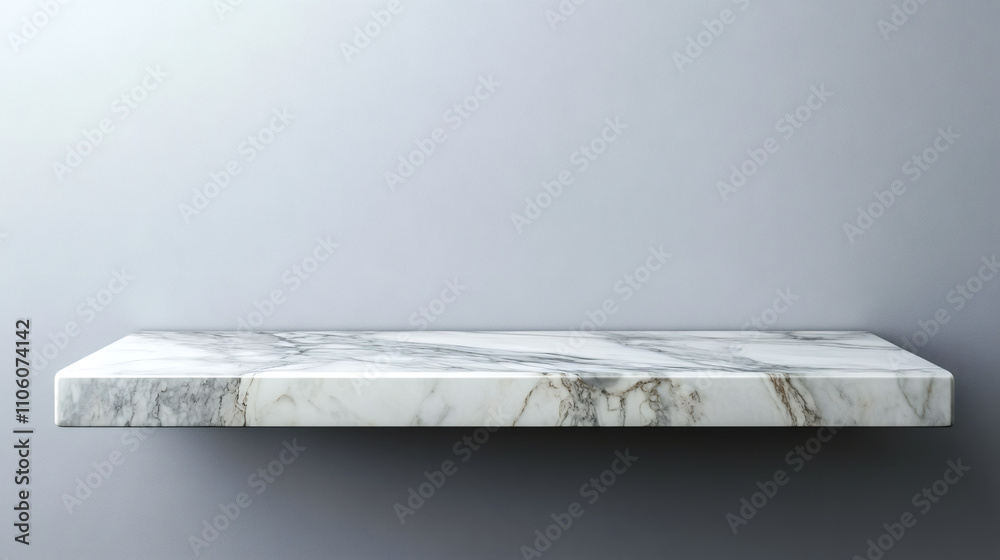 Poster elegant marble shelf on a gray wall, perfect for displaying products and decor, creating a modern an