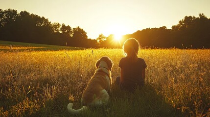 A child and a dog enjoying a serene sunset in an open field.
