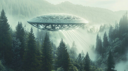 Futuristic UFO hovering over misty forest with beams of light cutting through trees