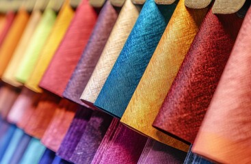A variety of colorful fabric samples arranged for textile design, highlighting texture, vibrant hues, and artistic materials.