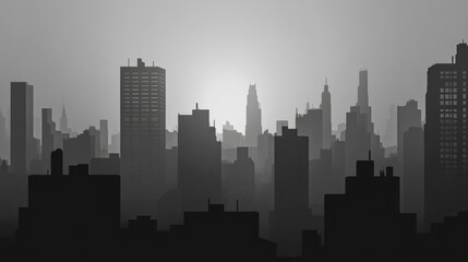 Naklejka premium Monochrome skyline at twilight featuring neo-brutalist architecture and light play