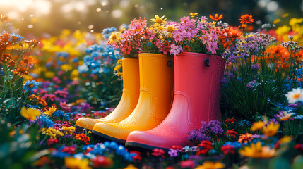 Transform your garden with playful rain boot planters filled with vibrant flowers. Perfect for adding a splash of color and creativity to your outdoor decor.