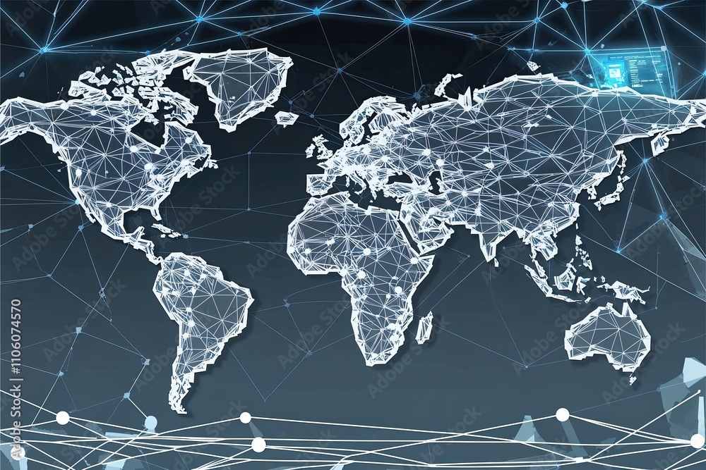 Poster global network connections abstract wireframe background with polygonal structure and digital featur
