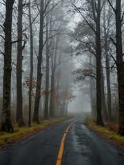 Obraz premium Foggy road lined with trees.