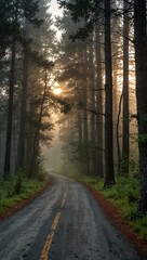 Fototapeta premium Foggy road through a forest at sunrise.