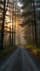 Fototapeta premium Foggy road through a forest at sunrise.