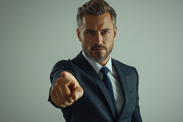 Man in suit pointing sternly at camera with a determined expression, standing in a dimly lit room with a focused gaze.