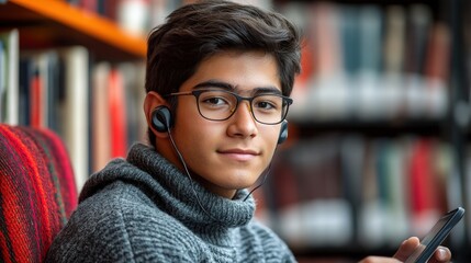 Fototapeta premium A young man with headphones enjoys music while sitting in a library.
