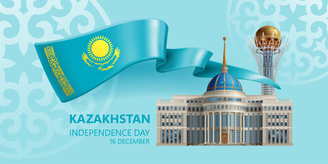 Waved silk ribbon on a blue background with a traditional kazakh ornament, eagel and sun. Residence of president of Kazakhstan. Background for greeting card of Independence day of Kazakhstan