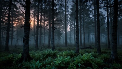 Obraz premium Foggy twilight forest with a moonlit glow.