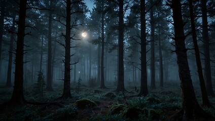 Obraz premium Foggy twilight forest with a moonlit glow.