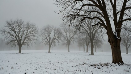 Foggy winter landscape with bare trees and snow.