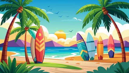 Surfboards lined up on a vibrant beach with palm trees under a colorful sunset
