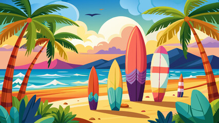 Obraz premium Colorful surfboards on a tropical beach at sunset with palm trees and waves
