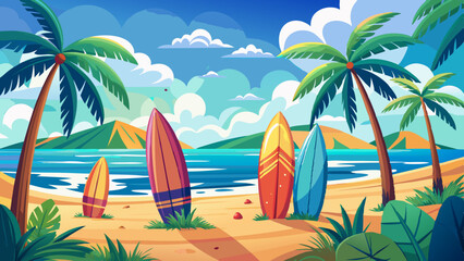 Colorful surfboards lined on a sandy beach with palm trees and a tranquil ocean view during a sunny day
