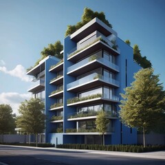 Architectural rendering of a sleek, modern apartment building with blue facade, multiple balconies with greenery.