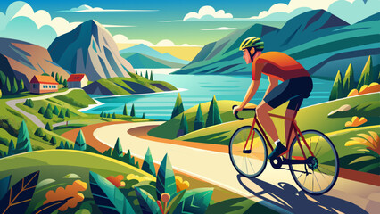 Cyclist enjoying a picturesque ride along a scenic landscape with mountains and a serene lake