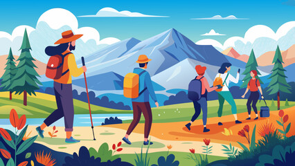 Fototapeta premium Tourists exploring a vibrant landscape while hiking in the mountains with friends and enjoying nature's beauty
