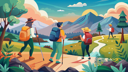 Travelers explore a vibrant landscape while hiking in the mountains during a sunny day