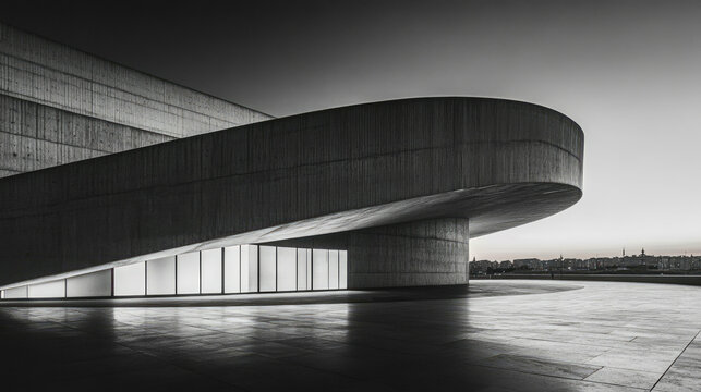 Twilight casts shadows over a Neo Brutalist landscape with minimalist concrete structures