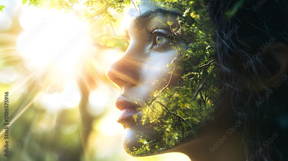 Poster ethereal portrait of a young woman merging with nature, highlighting connection between human and en