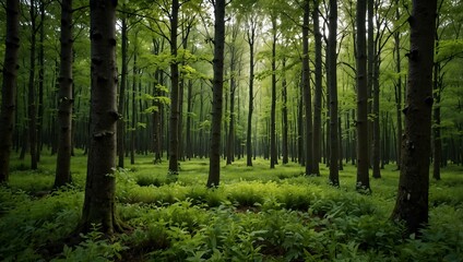 Fototapeta premium Forest in spring, lush greenery and fresh growth.