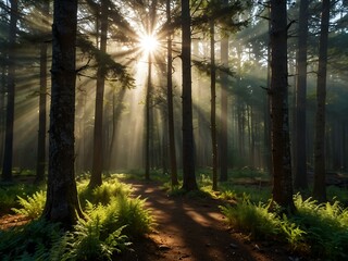 Obraz premium Forest landscape with sunrays shining through trees.