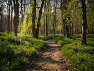 Obraz premium Forest path in early spring, willow branches in soft focus.