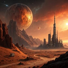 A digital painting depicting a futuristic city in a desert landscape on an alien planet, with a large orange planet.