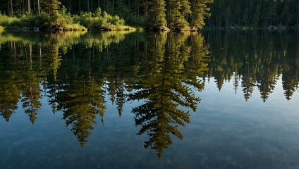 Forest reflection in a clear lake.