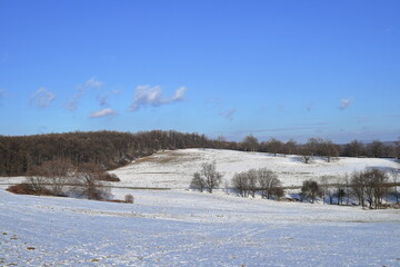 
A winter, snowy landscape with hills in the background.