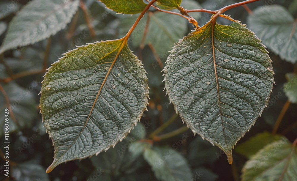Aufkleber leaf is wet and has a brown tip. the water droplets on the leaf are small and scattered, giving the 