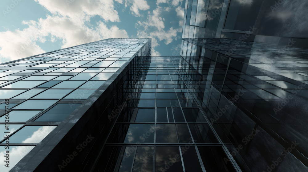 Poster low angle view of modern skyscrapers reflecting the cloudy sky, showcasing urban architecture and de
