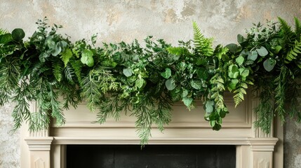 Fototapeta premium A lush green garland made of leaves and ferns, hanging across a mantelpiece for a natural and fresh look