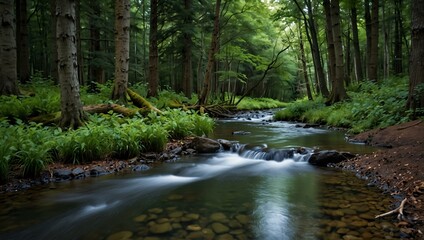 Obraz premium Forest with a stream and trees.