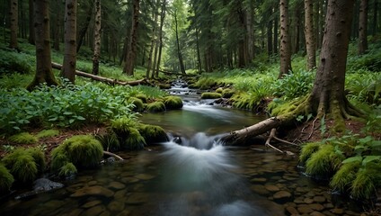 Fototapeta premium Forest with a stream and trees.
