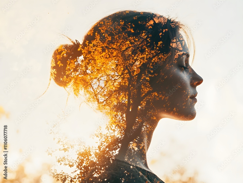 Aufkleber ethereal profile of a woman merged with autumn nature creating a dreamy double exposure effect captu