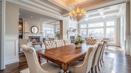 Fototapeta premium An elegant dining room showcasing a large wooden table, comfortable chairs, and sophisticated lighting fixtures, all designed in neutral colors with luxurious decor for a refined atmosphere.