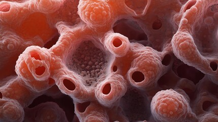Close-up view of porous intricate coral reef structure with detailed textures and vibrant orange color