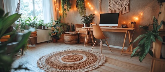 Cozy workspace with plants, a desk, and decorative elements for a serene atmosphere.