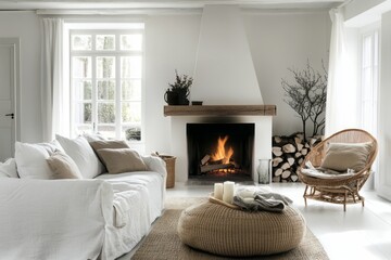 Fototapeta premium Cozy Living Room with Fireplace and White Sofa