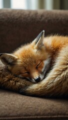 Obraz premium Fox cub sleeping on a sofa.