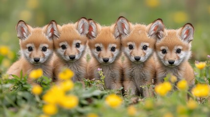 Obraz premium Five adorable fox cubs sitting together in a field of yellow flowers.
