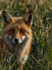 Fototapeta premium Fox hidden in tall grass.