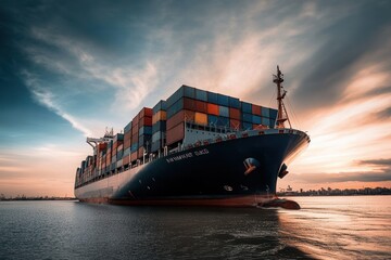 Large cargo ship navigating calm waters.