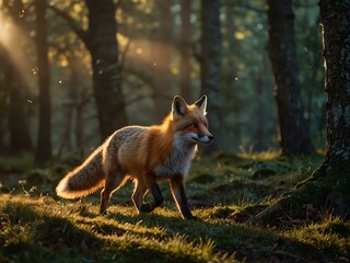 Fototapeta premium Fox running through a magical forest illuminated by warm light.